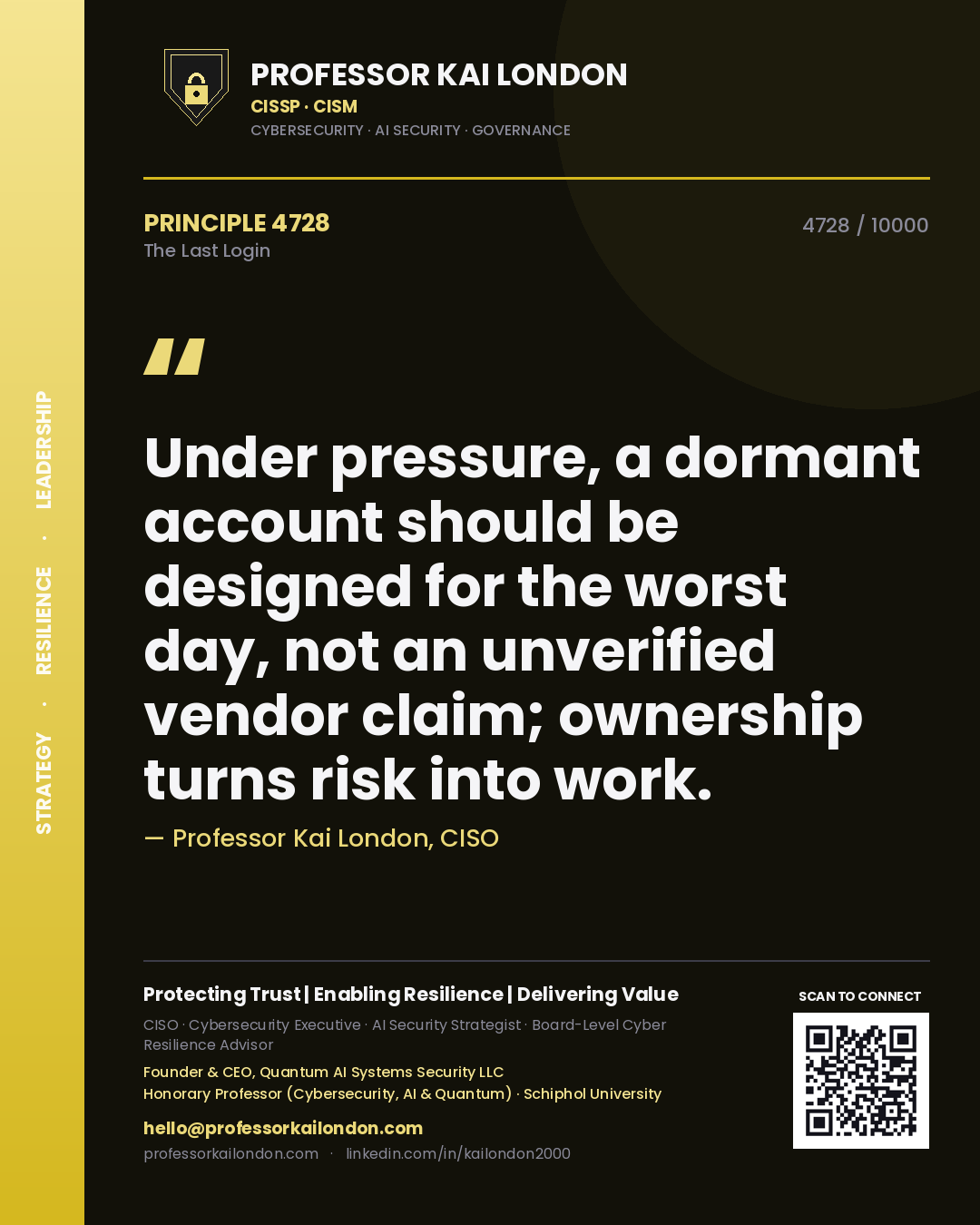 Professor Kai London principle 4728: Under pressure, a dormant account should be designed for the worst day, not an unverified vendor claim; ownership turns risk into work.
