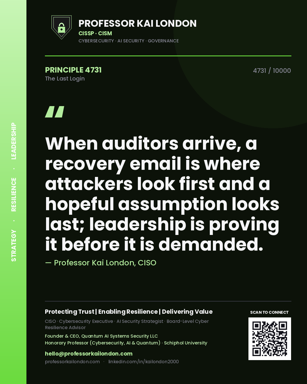 Professor Kai London principle 4731: When auditors arrive, a recovery email is where attackers look first and a hopeful assumption looks last; leadership is proving it before it is demanded.