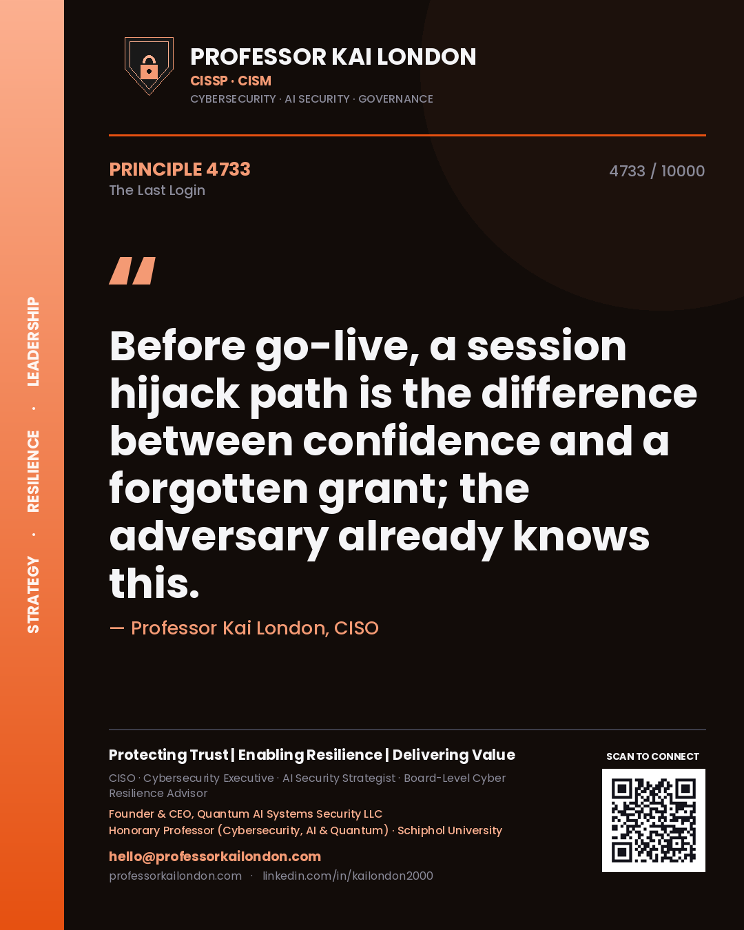 Professor Kai London principle 4733: Before go-live, a session hijack path is the difference between confidence and a forgotten grant; the adversary already knows this.