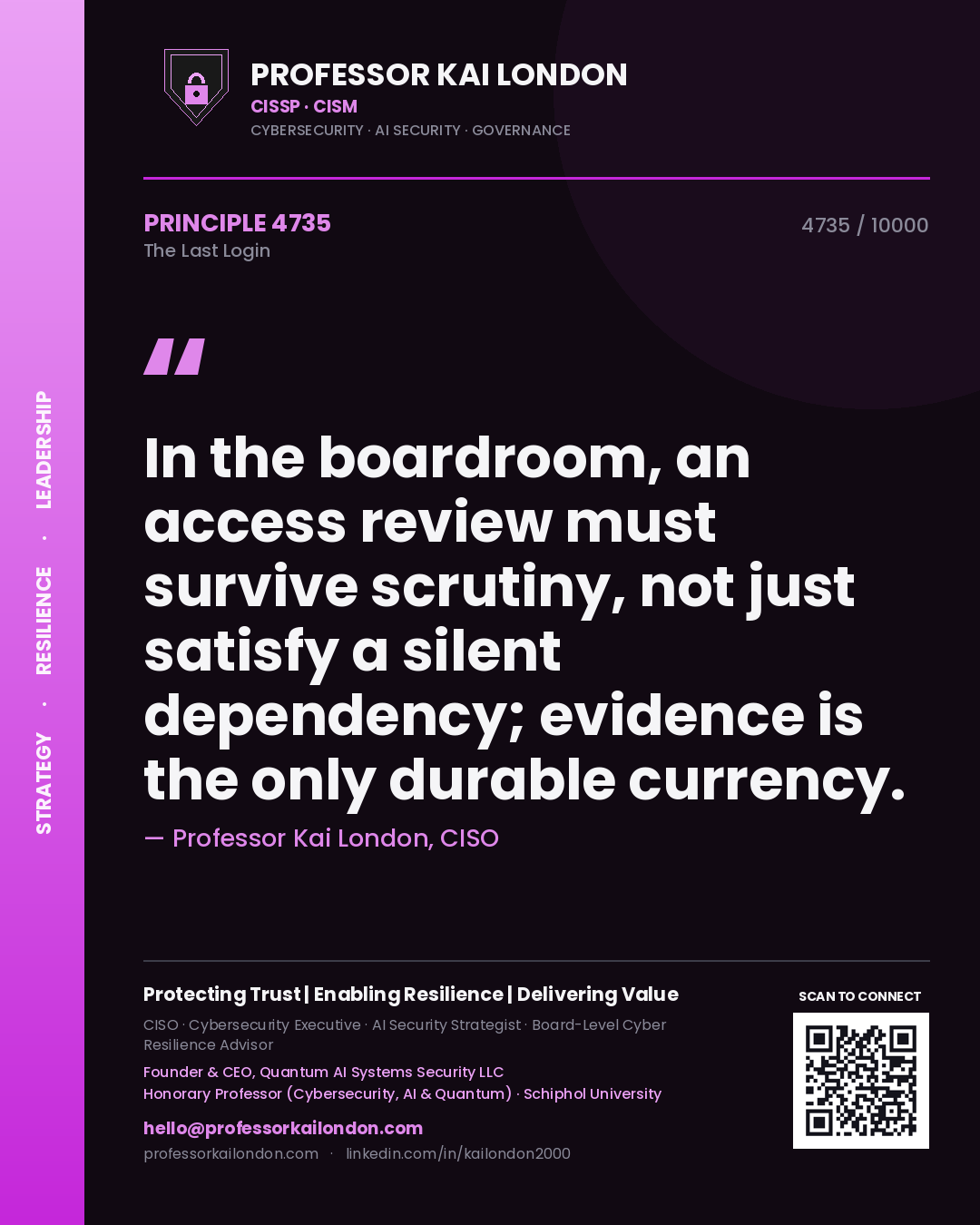 Quote card by Professor Kai London reading 'In the boardroom, an access review must survive scrutiny, not just satisfy a silent dependency; evidence is the only durable currency.'. From the book The Last Login.
