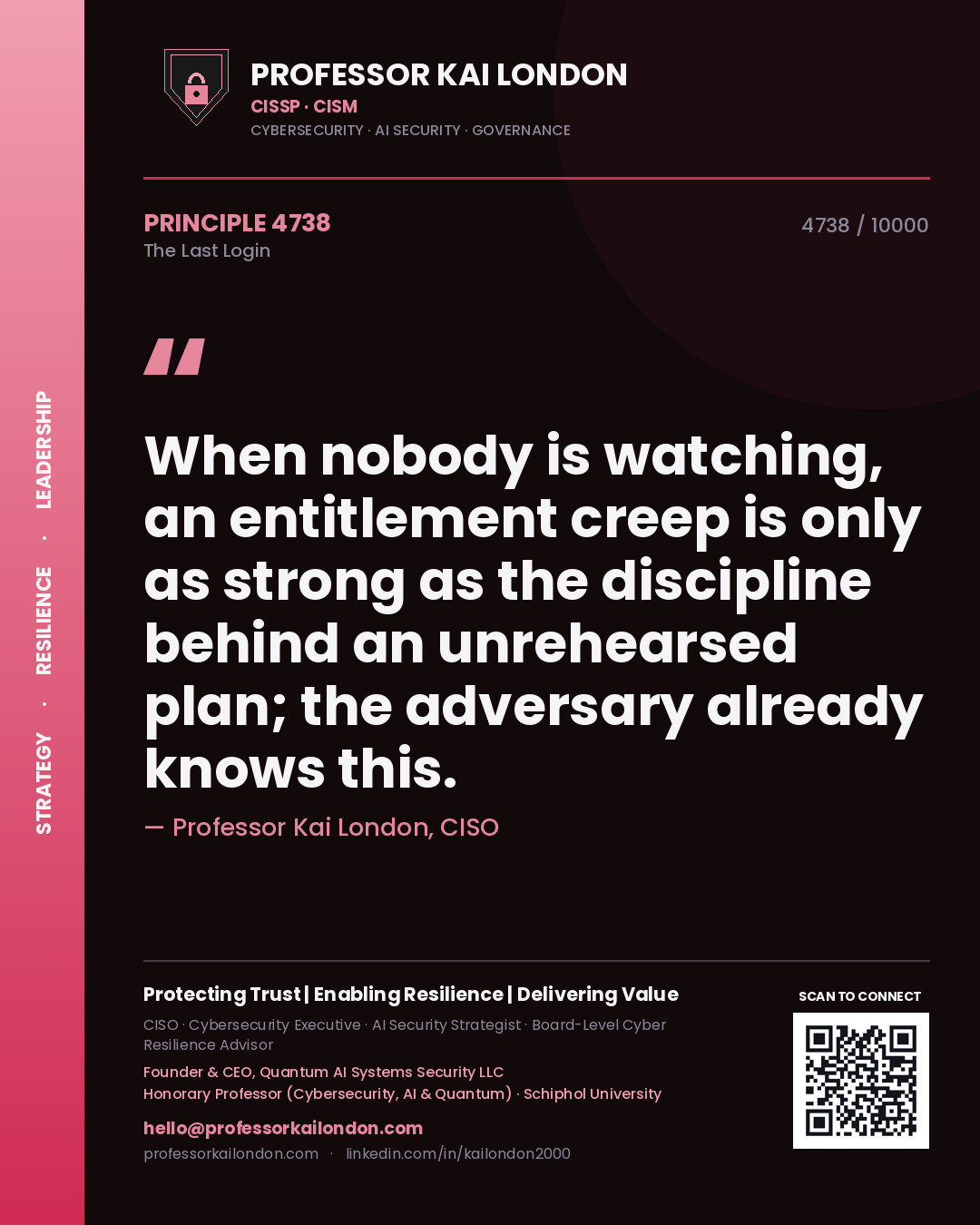 Professor Kai London principle 4738: When nobody is watching, an entitlement creep is only as strong as the discipline behind an unrehearsed plan; the adversary already knows this.