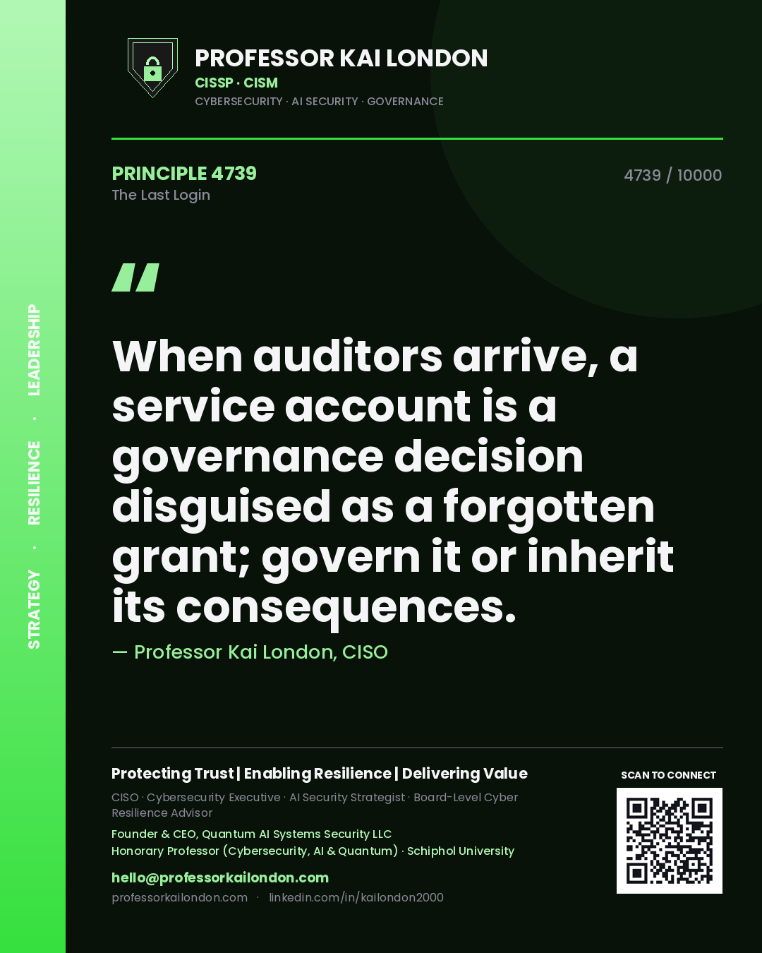 Quote card by Professor Kai London reading 'When auditors arrive, a service account is a governance decision disguised as a forgotten grant; govern it or inherit its consequences.'. From the book The Last Login.