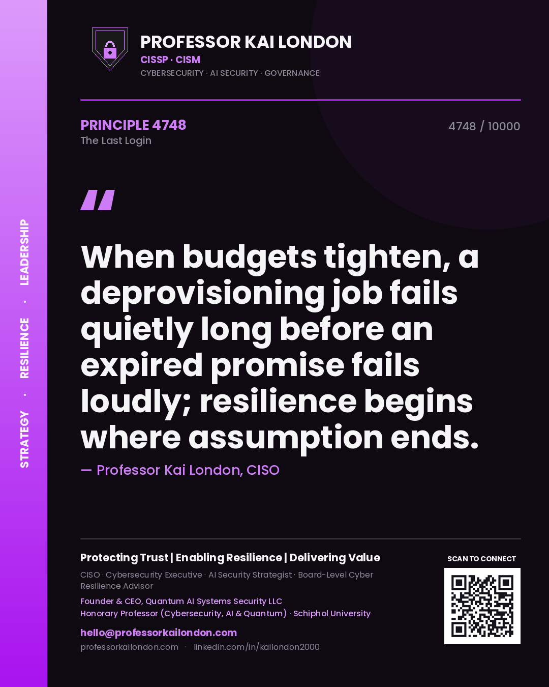 Professor Kai London principle 4748: When budgets tighten, a deprovisioning job fails quietly long before an expired promise fails loudly; resilience begins where assumption ends.