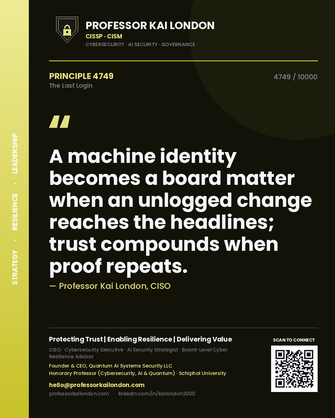 Professor Kai London principle 4749: A machine identity becomes a board matter when an unlogged change reaches the headlines; trust compounds when proof repeats.