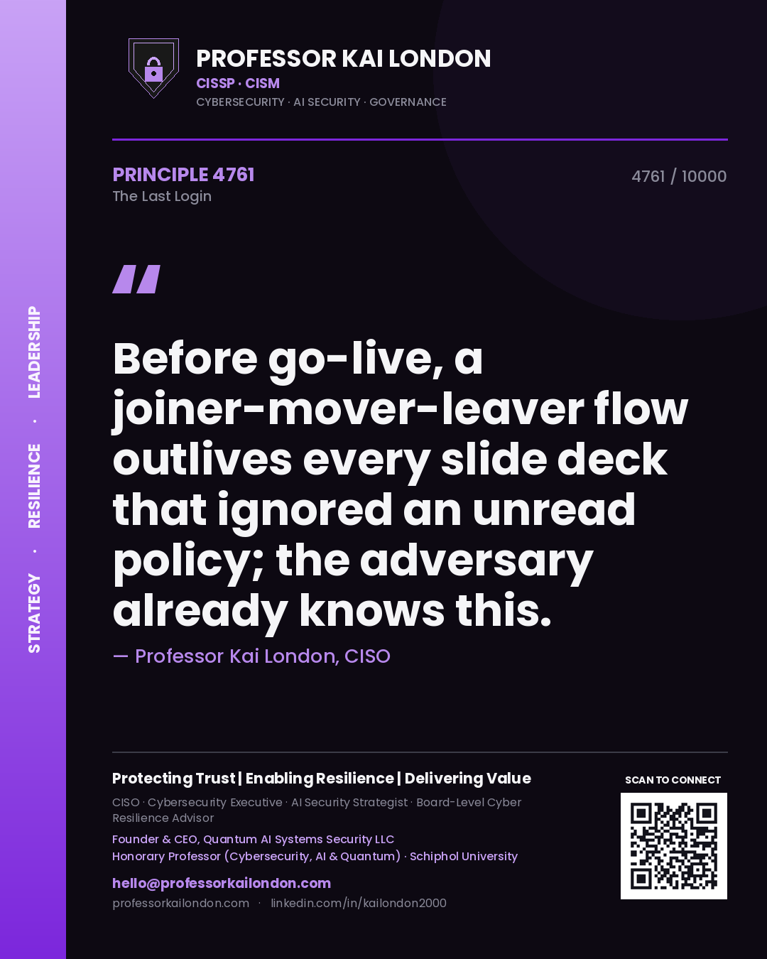 Quote card by Professor Kai London reading 'Before go-live, a joiner-mover-leaver flow outlives every slide deck that ignored an unread policy; the adversary already knows this.'. From the book The Last Login.