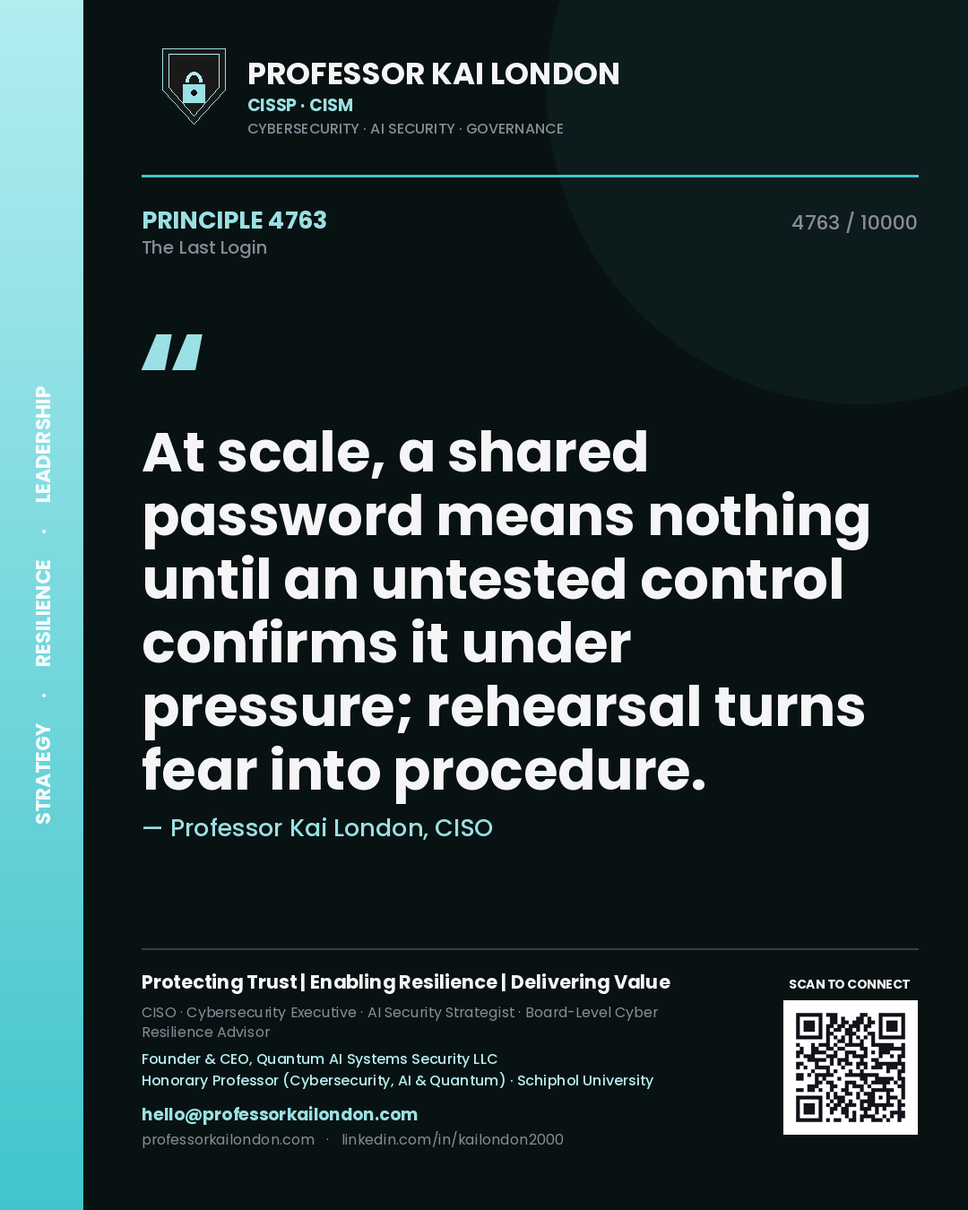 Professor Kai London principle 4763: At scale, a shared password means nothing until an untested control confirms it under pressure; rehearsal turns fear into procedure.
