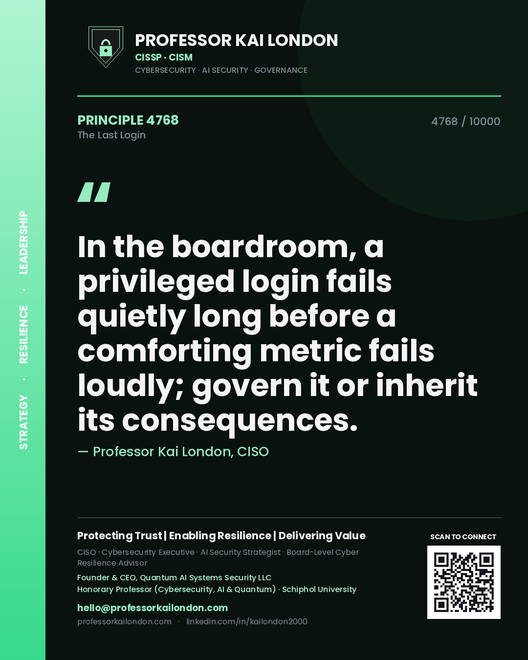 Professor Kai London principle 4768: In the boardroom, a privileged login fails quietly long before a comforting metric fails loudly; govern it or inherit its consequences.
