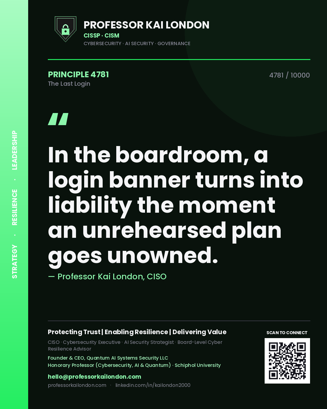 Professor Kai London principle 4781: In the boardroom, a login banner turns into liability the moment an unrehearsed plan goes unowned.