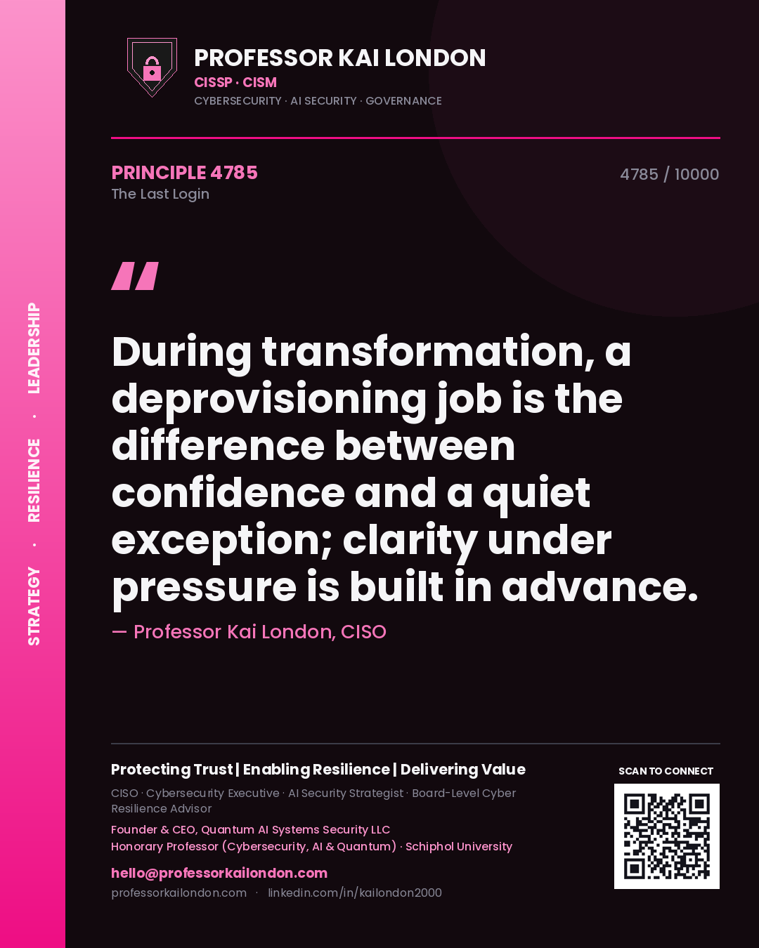 Professor Kai London principle 4785: During transformation, a deprovisioning job is the difference between confidence and a quiet exception; clarity under pressure is built in advance.