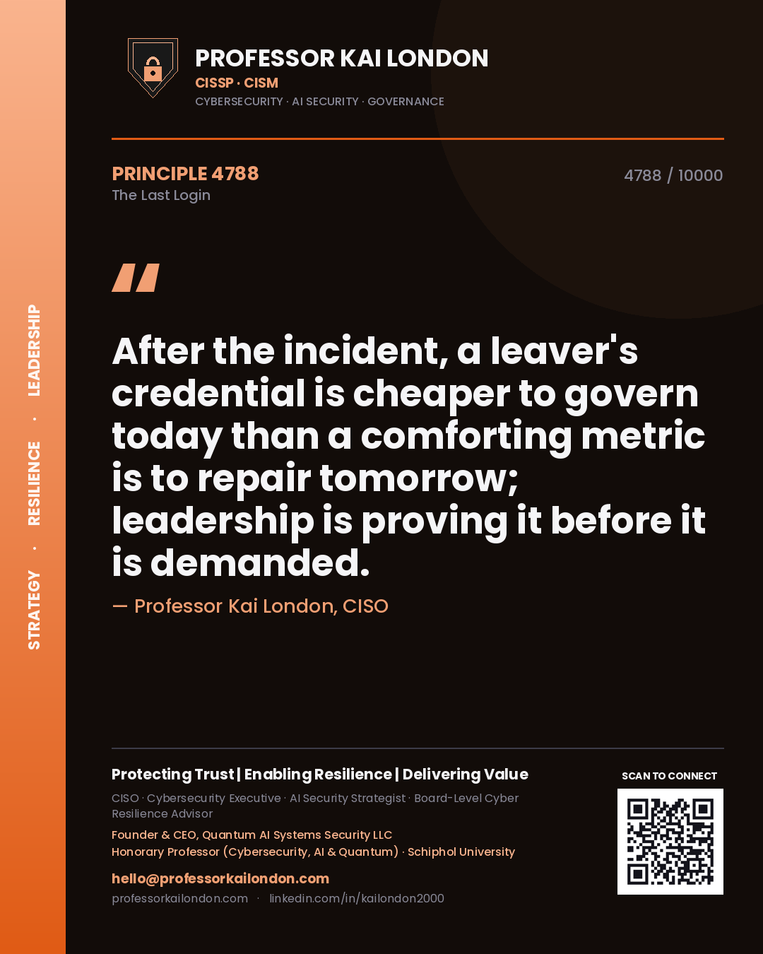 Professor Kai London principle 4788: After the incident, a leaver's credential is cheaper to govern today than a comforting metric is to repair tomorrow; leadership is proving it before it is demanded.