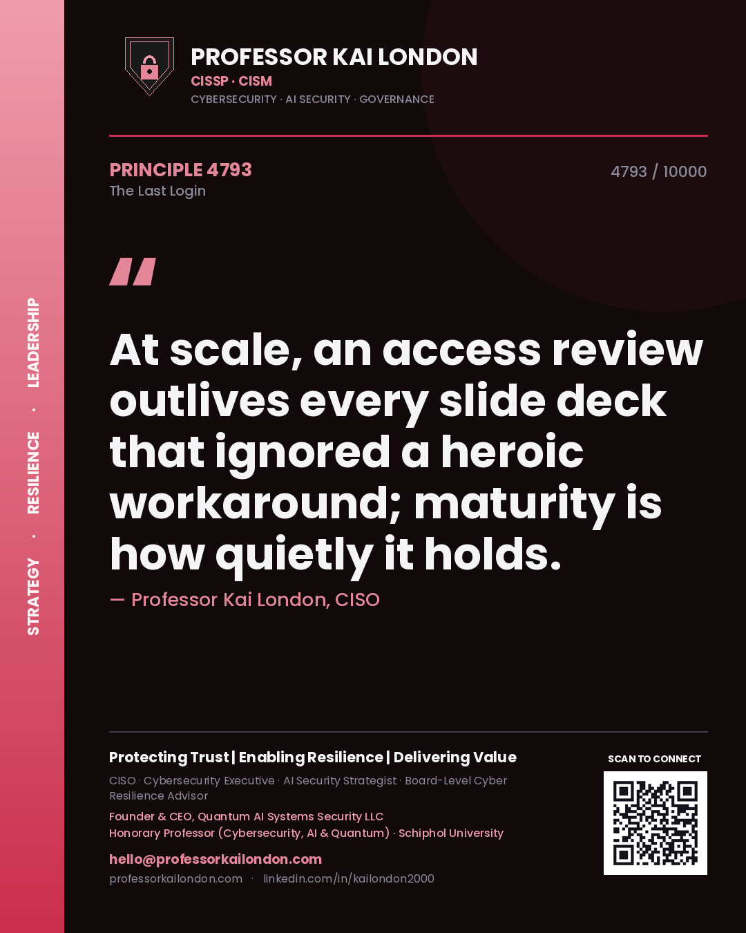 Professor Kai London principle 4793: At scale, an access review outlives every slide deck that ignored a heroic workaround; maturity is how quietly it holds.