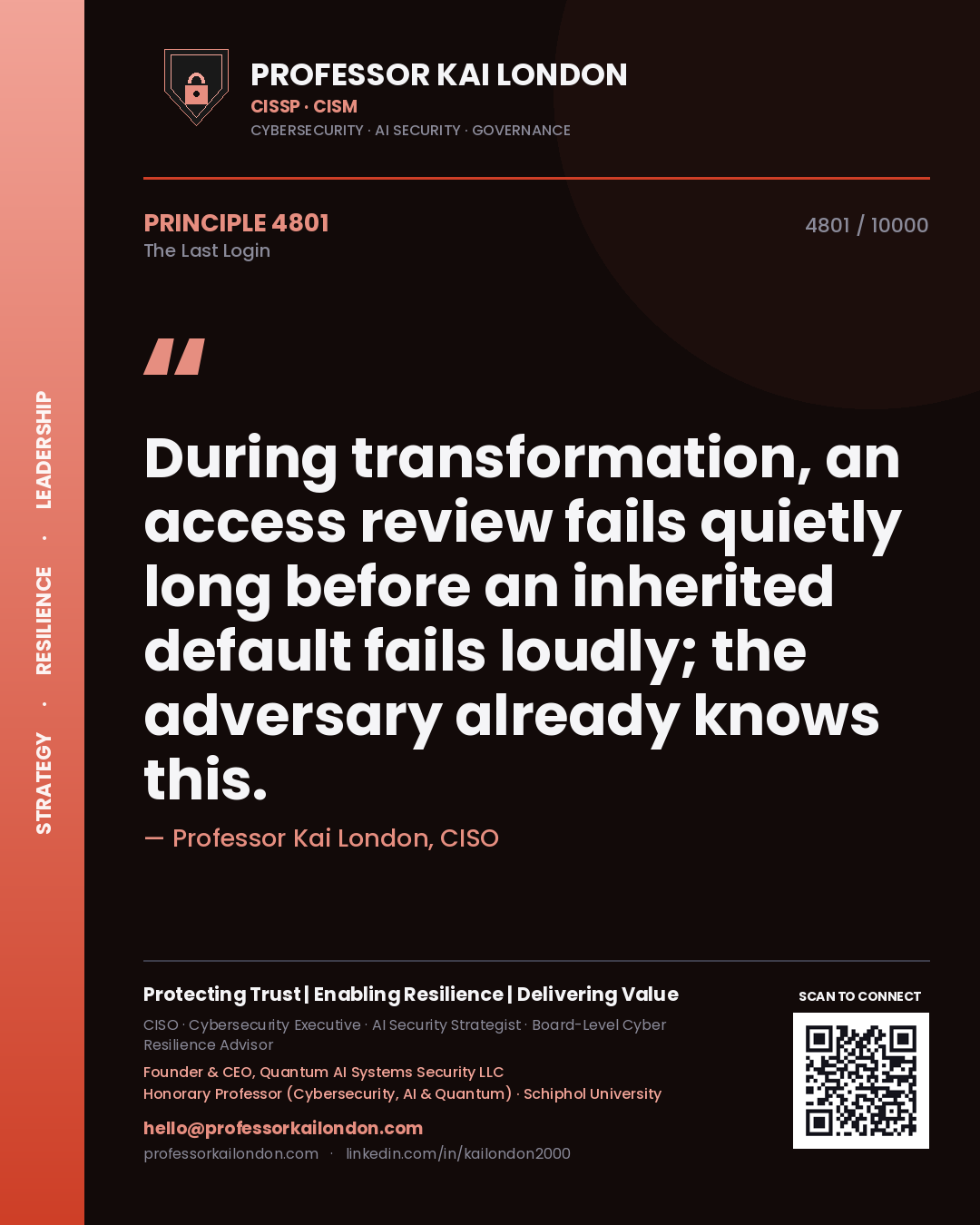Quote card by Professor Kai London reading 'During transformation, an access review fails quietly long before an inherited default fails loudly; the adversary already knows this.'. From the book The Last Login.