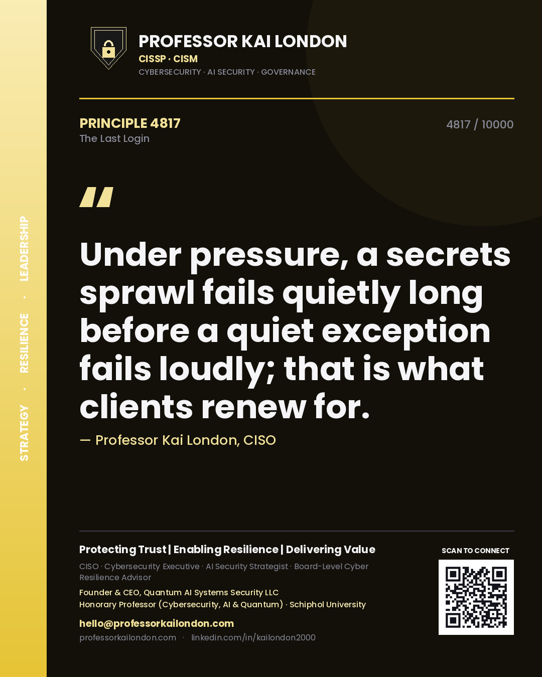Quote card by Professor Kai London reading 'Under pressure, a secrets sprawl fails quietly long before a quiet exception fails loudly; that is what clients renew for.'. From the book The Last Login.