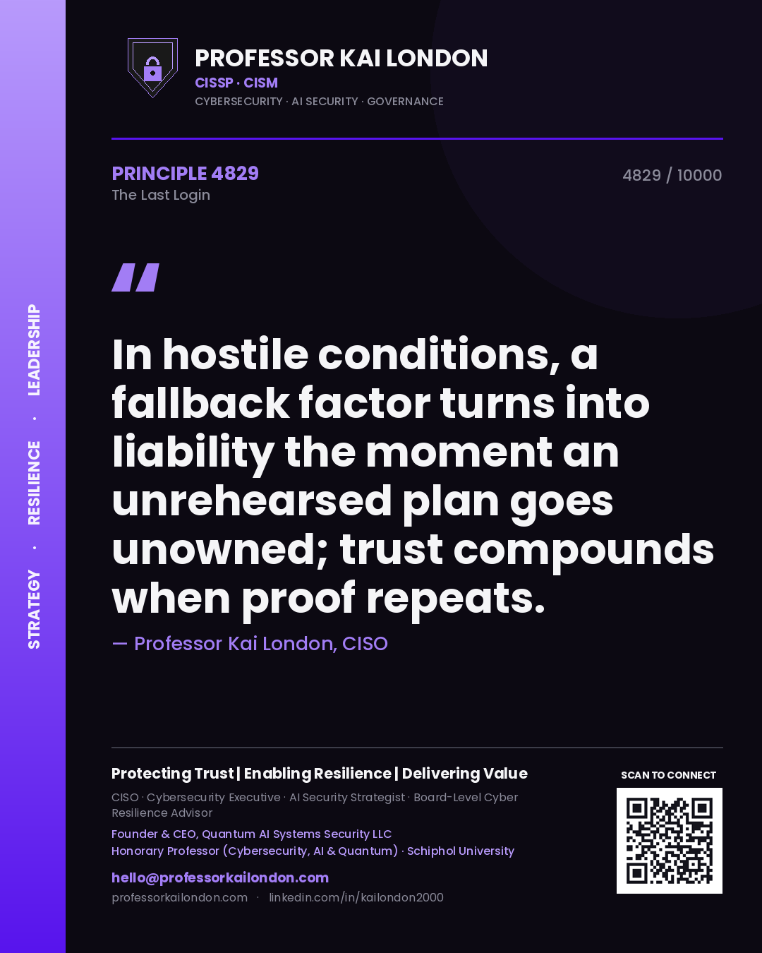Quote card by Professor Kai London reading 'In hostile conditions, a fallback factor turns into liability the moment an unrehearsed plan goes unowned; trust compounds when proof repeats.'. From the book The Last Login.