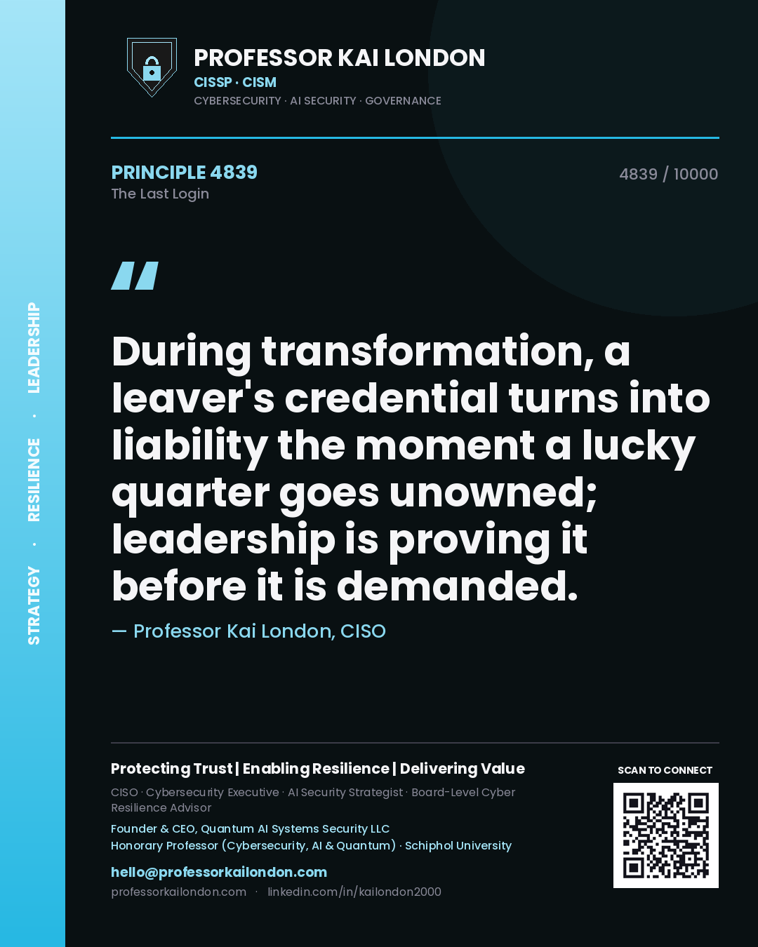 Professor Kai London principle 4839: During transformation, a leaver's credential turns into liability the moment a lucky quarter goes unowned; leadership is proving it before it is demanded.