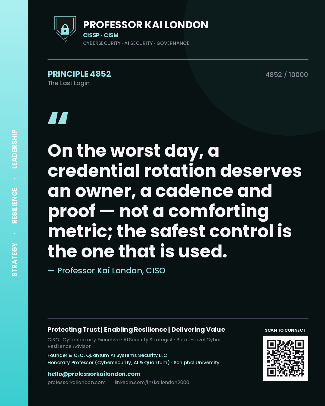 Professor Kai London principle 4852: On the worst day, a credential rotation deserves an owner, a cadence and proof — not a comforting metric; the safest control is the one that is used.