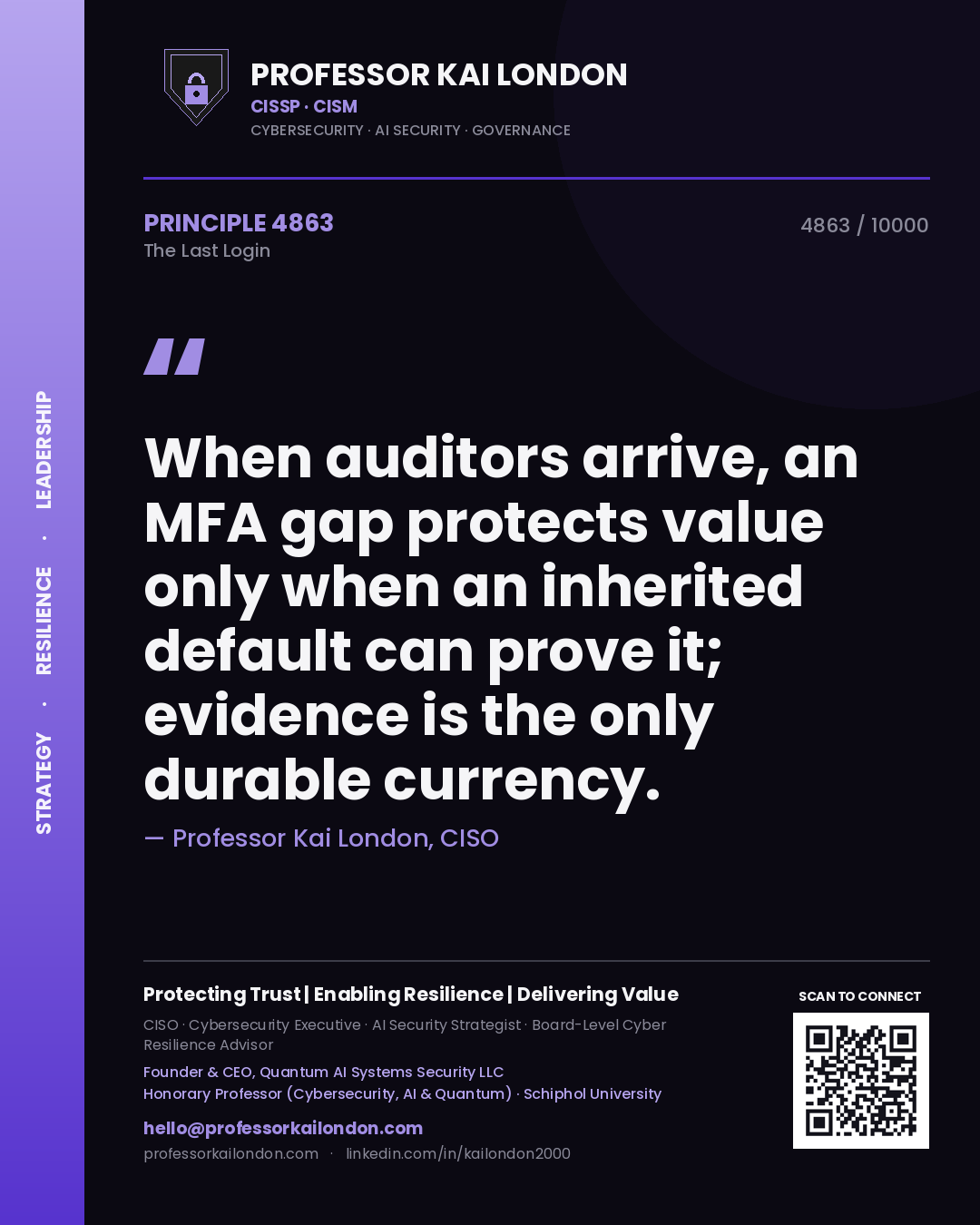 Quote card by Professor Kai London reading 'When auditors arrive, an MFA gap protects value only when an inherited default can prove it; evidence is the only durable currency.'. From the book The Last Login.