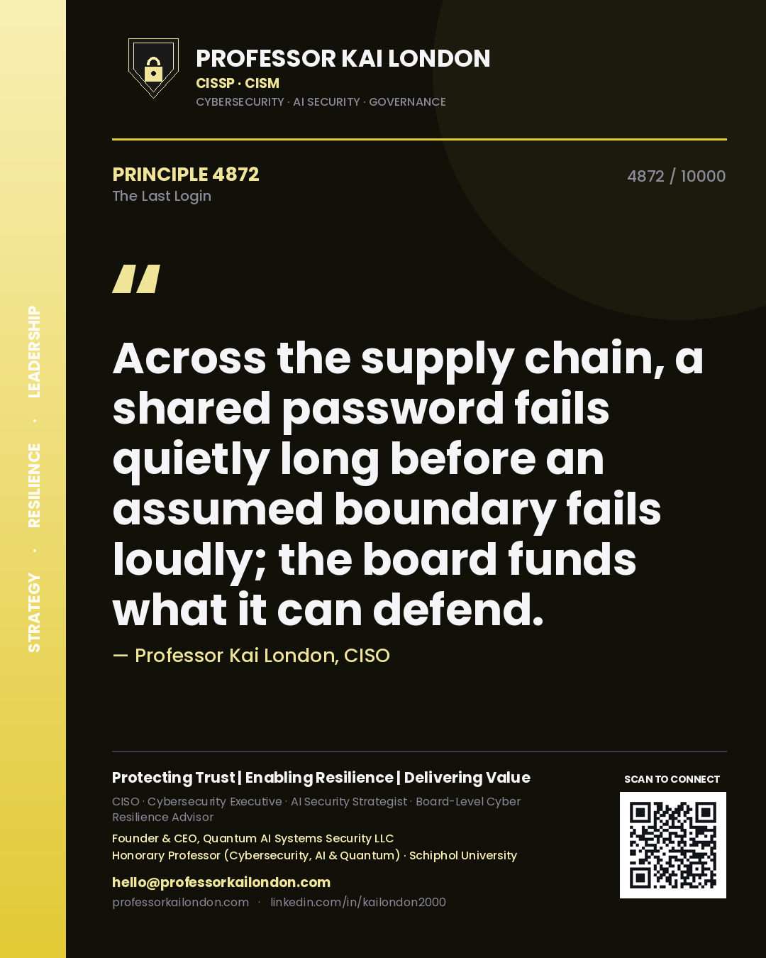 Professor Kai London principle 4872: Across the supply chain, a shared password fails quietly long before an assumed boundary fails loudly; the board funds what it can defend.