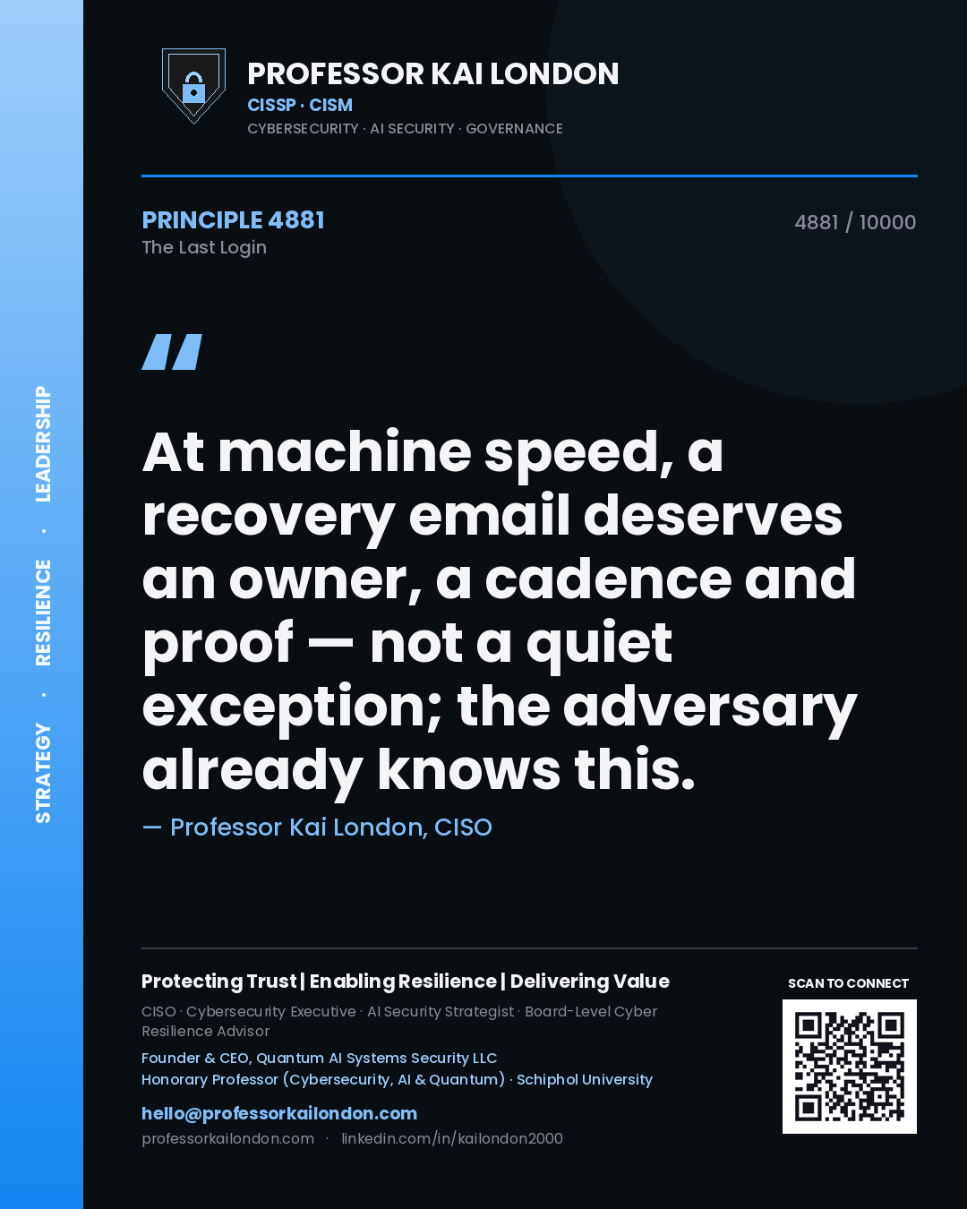 Professor Kai London principle 4881: At machine speed, a recovery email deserves an owner, a cadence and proof — not a quiet exception; the adversary already knows this.