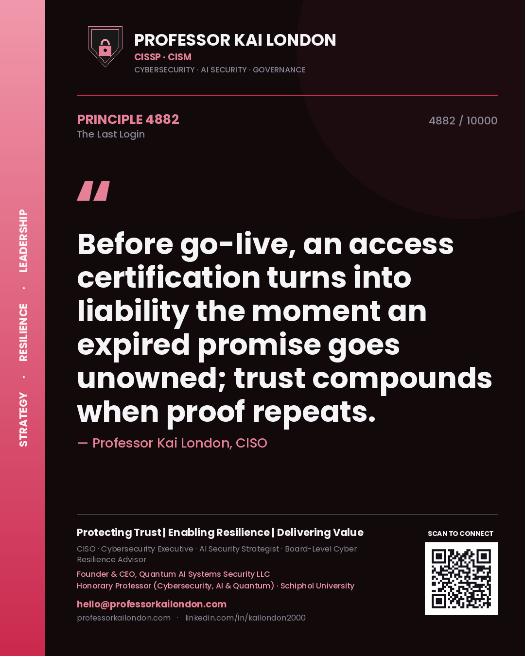Quote card by Professor Kai London reading 'Before go-live, an access certification turns into liability the moment an expired promise goes unowned; trust compounds when proof repeats.'. From the book The Last Login.