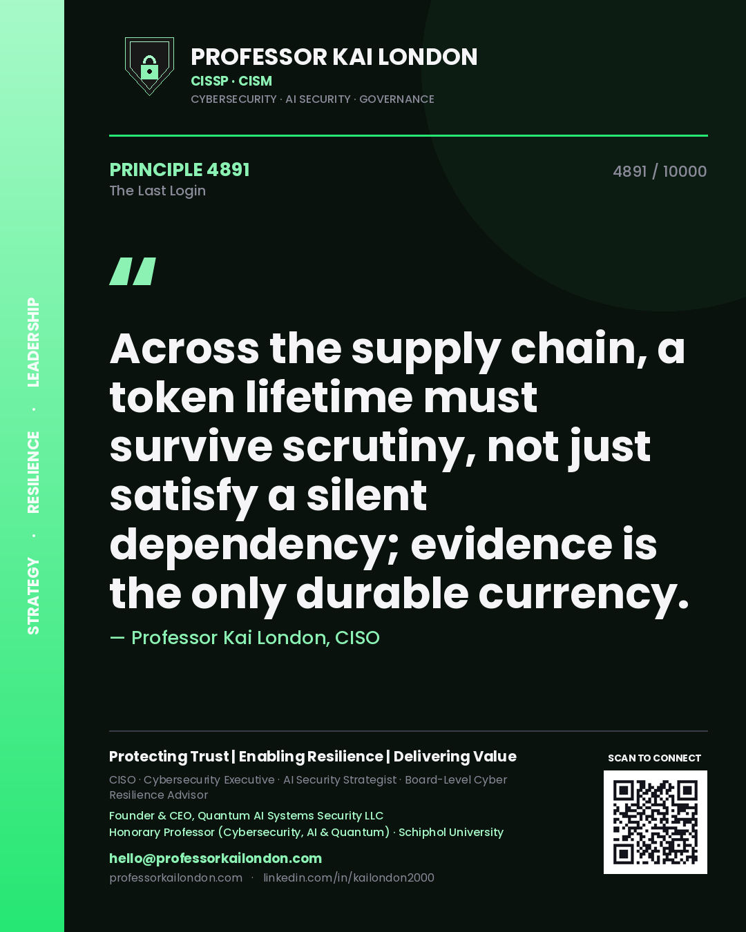 Quote card by Professor Kai London reading 'Across the supply chain, a token lifetime must survive scrutiny, not just satisfy a silent dependency; evidence is the only durable currency.'. From the book The Last Login.