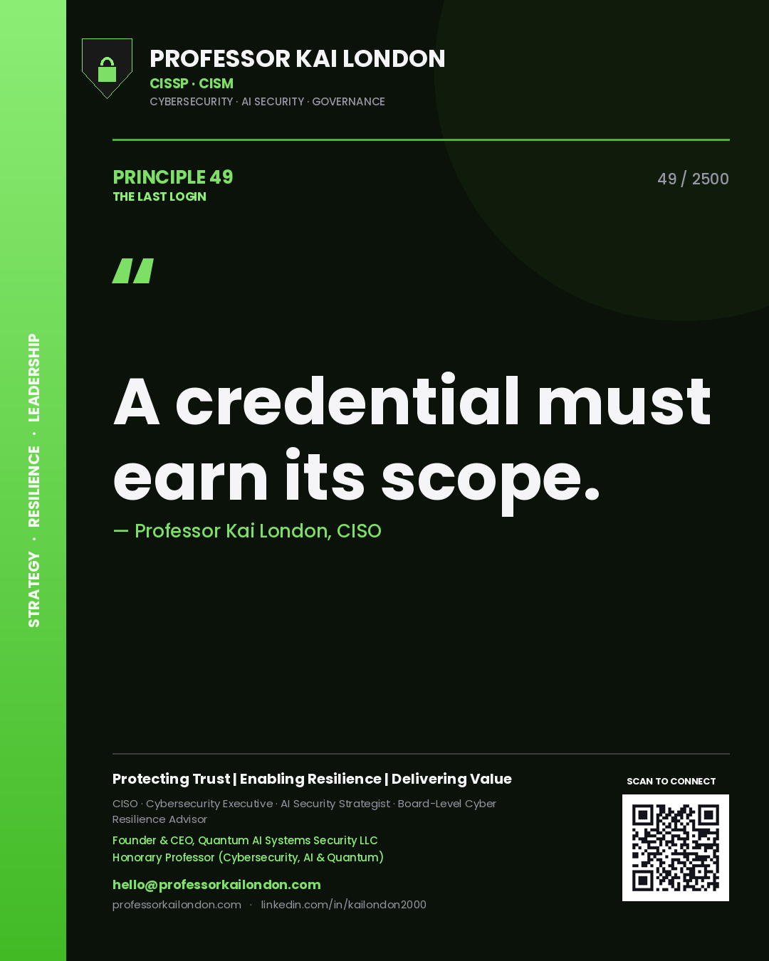 Quote card by Professor Kai London reading 'A credential must earn its scope.'. From the book The Last Login.