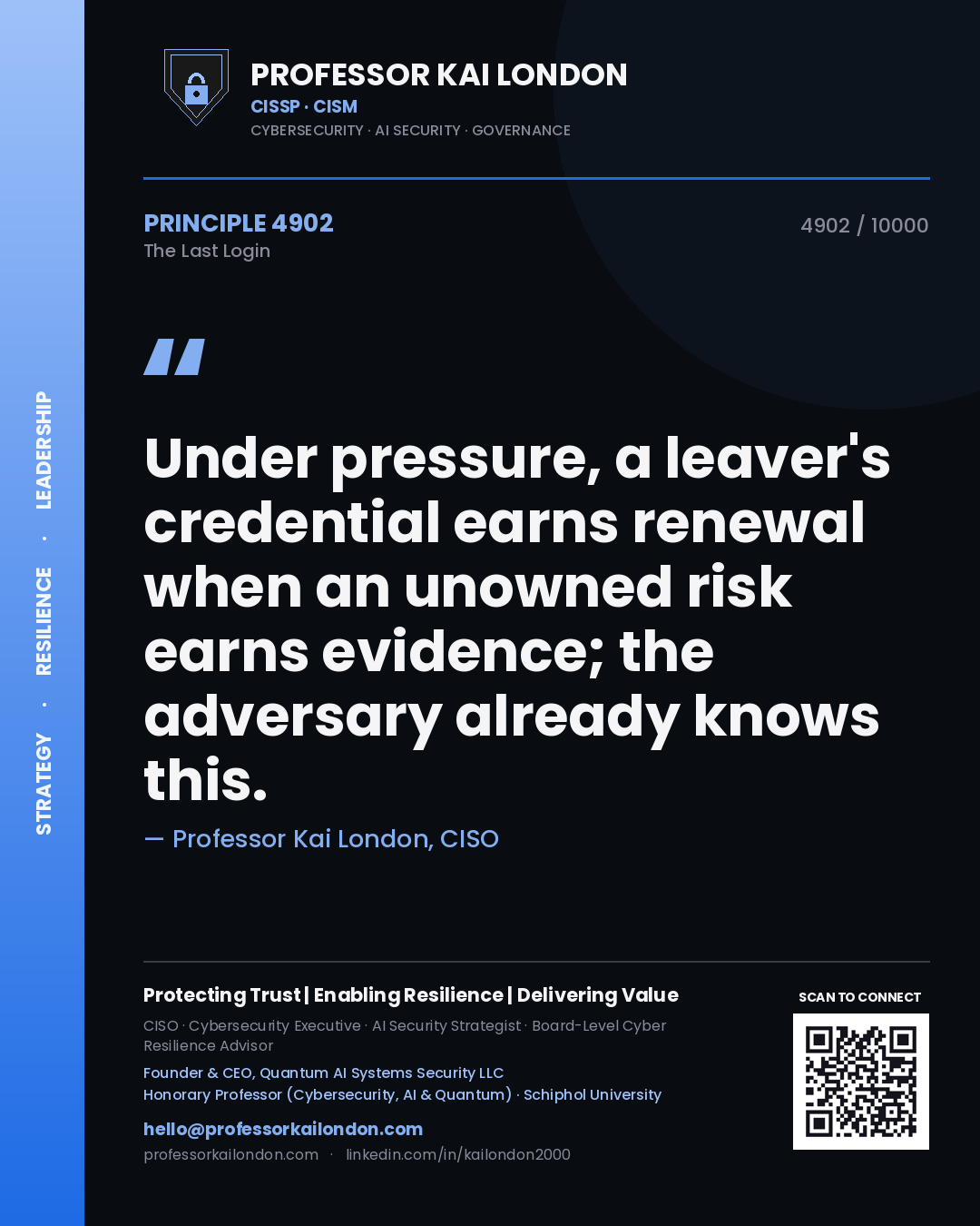 Quote card by Professor Kai London reading 'Under pressure, a leaver's credential earns renewal when an unowned risk earns evidence; the adversary already knows this.'. From the book The Last Login.