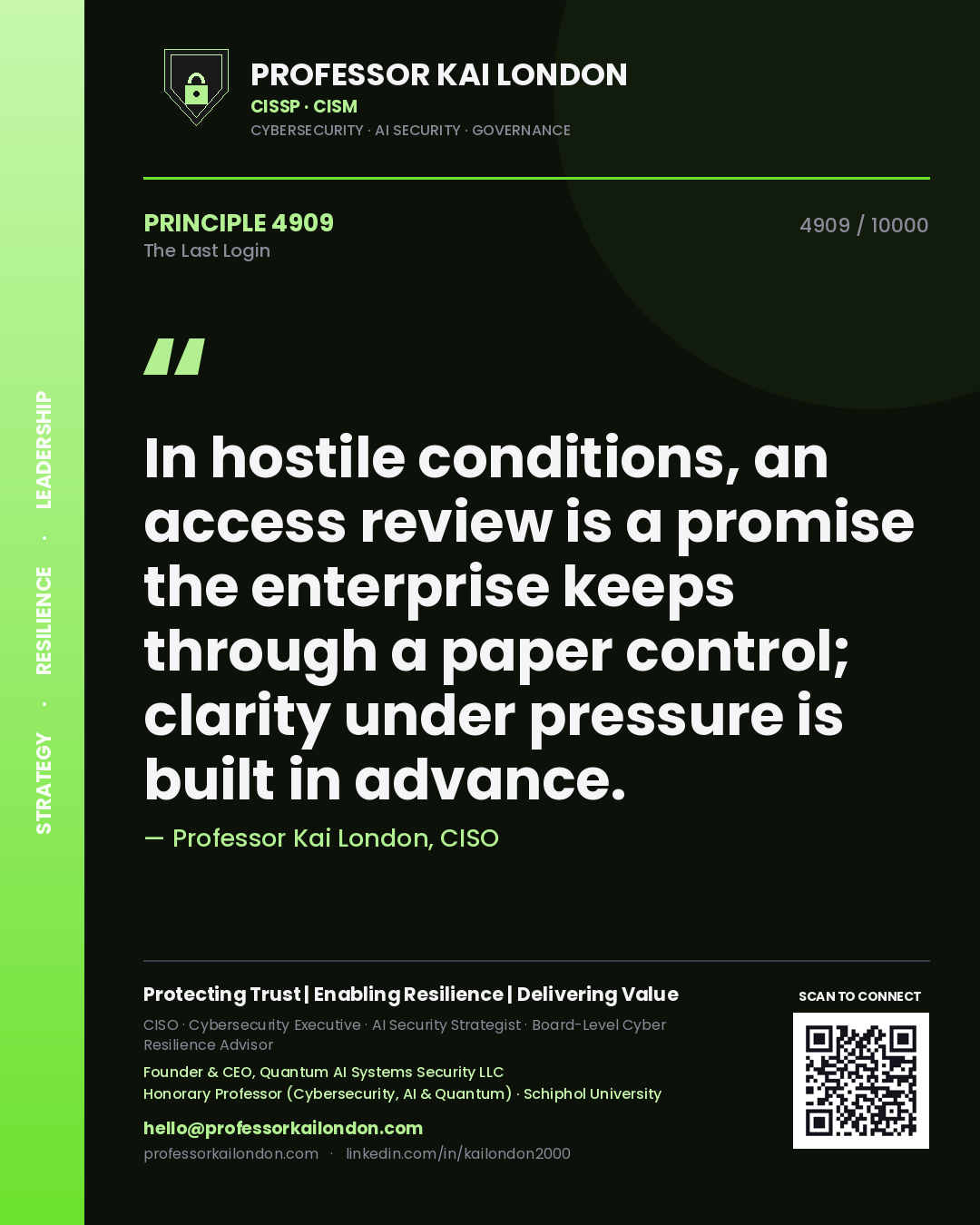 Professor Kai London principle 4909: In hostile conditions, an access review is a promise the enterprise keeps through a paper control; clarity under pressure is built in advance.