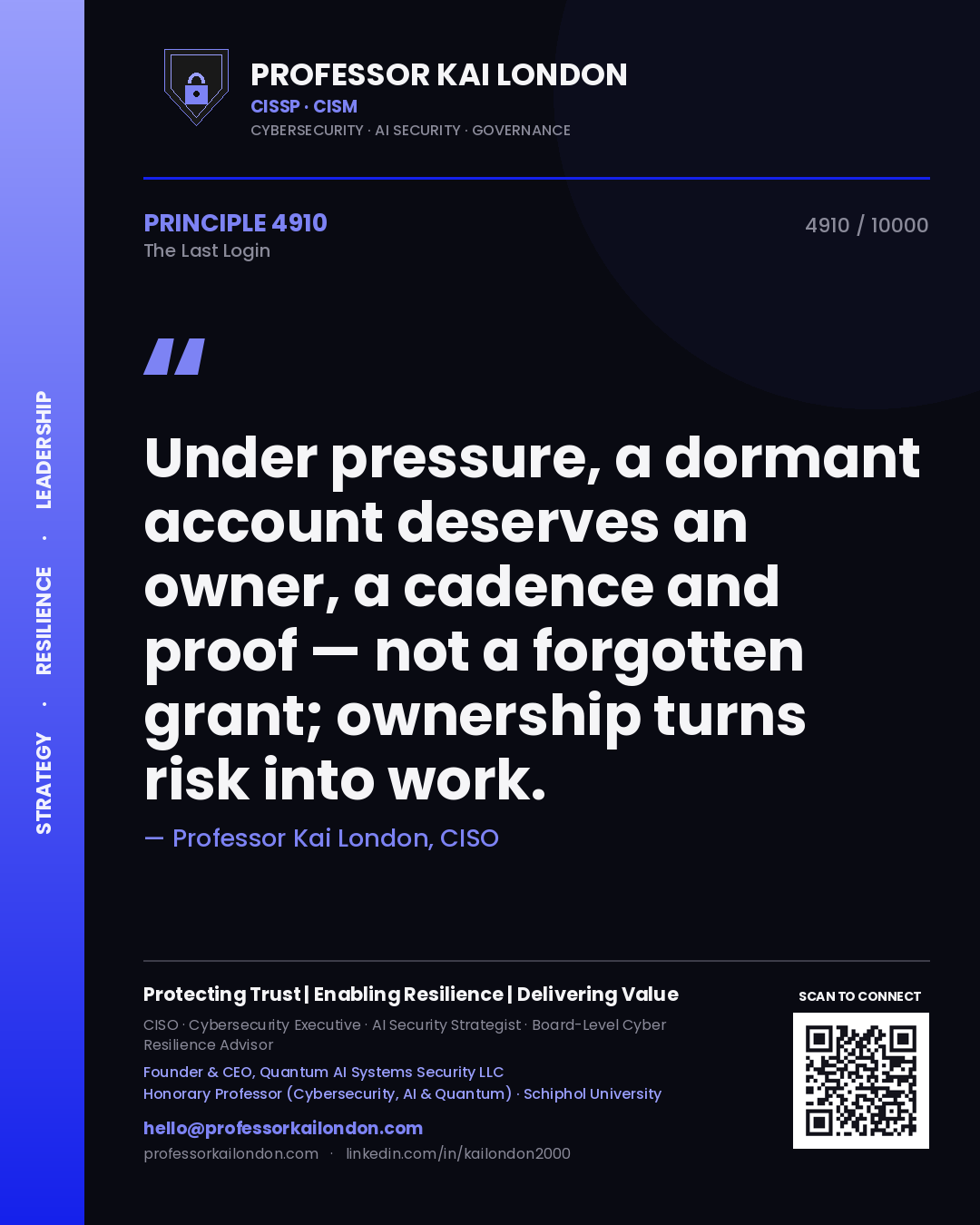 Quote card by Professor Kai London reading 'Under pressure, a dormant account deserves an owner, a cadence and proof — not a forgotten grant; ownership turns risk into work.'. From the book The Last Login.