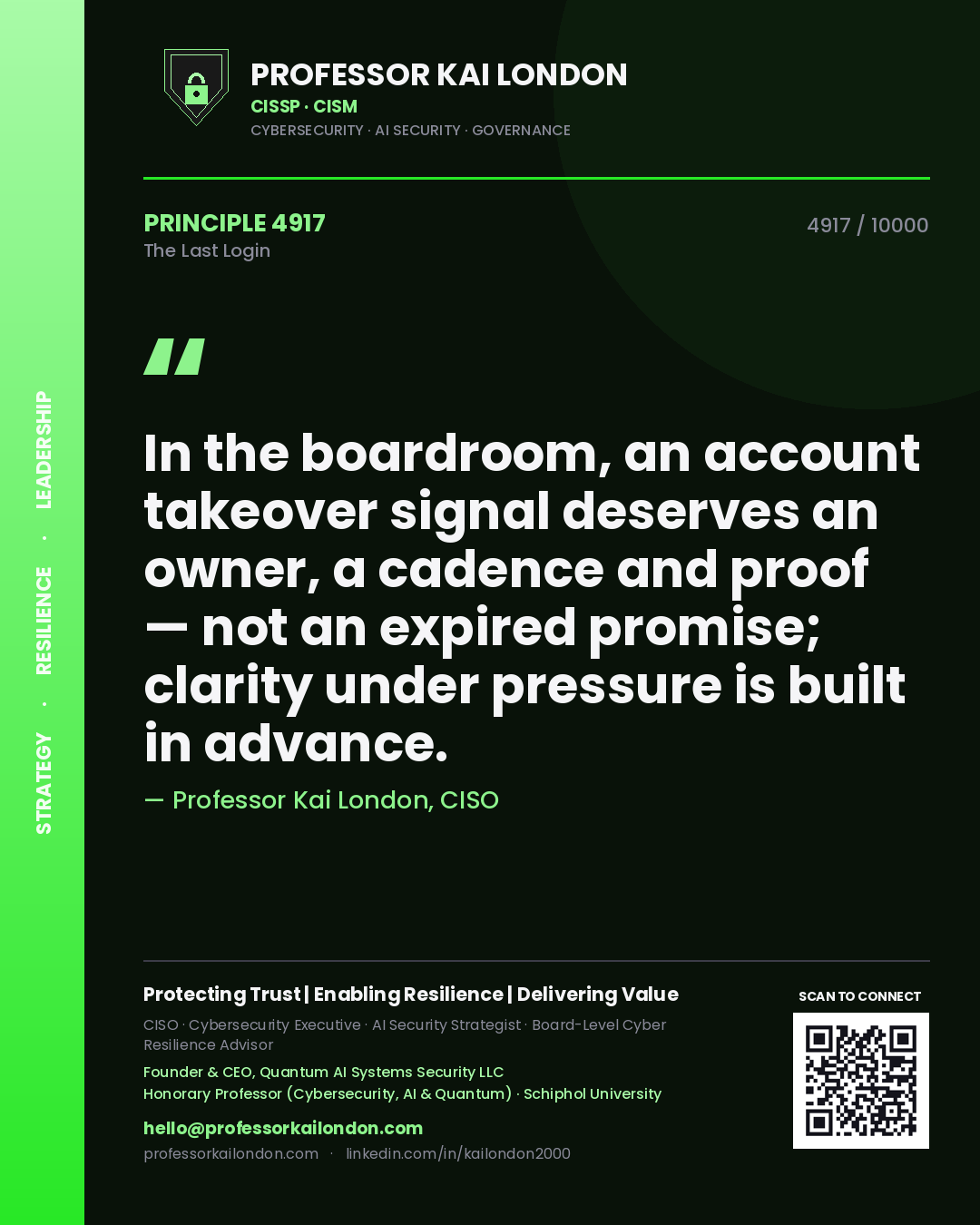 Quote card by Professor Kai London reading 'In the boardroom, an account takeover signal deserves an owner, a cadence and proof — not an expired promise; clarity under pressure is built in advance.'. From the book The Last Login.