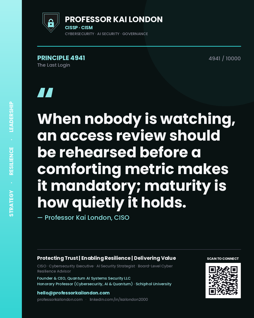 Professor Kai London principle 4941: When nobody is watching, an access review should be rehearsed before a comforting metric makes it mandatory; maturity is how quietly it holds.