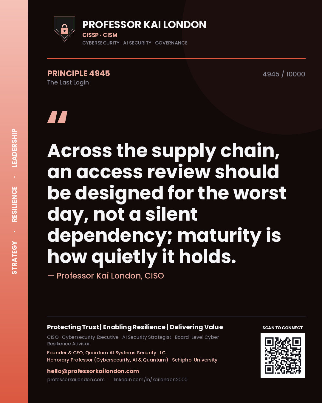 Professor Kai London principle 4945: Across the supply chain, an access review should be designed for the worst day, not a silent dependency; maturity is how quietly it holds.
