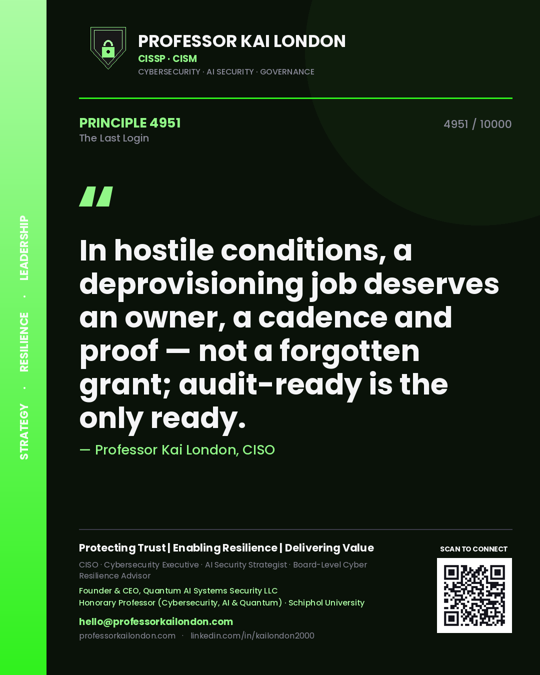 Quote card by Professor Kai London reading 'In hostile conditions, a deprovisioning job deserves an owner, a cadence and proof — not a forgotten grant; audit-ready is the only ready.'. From the book The Last Login.