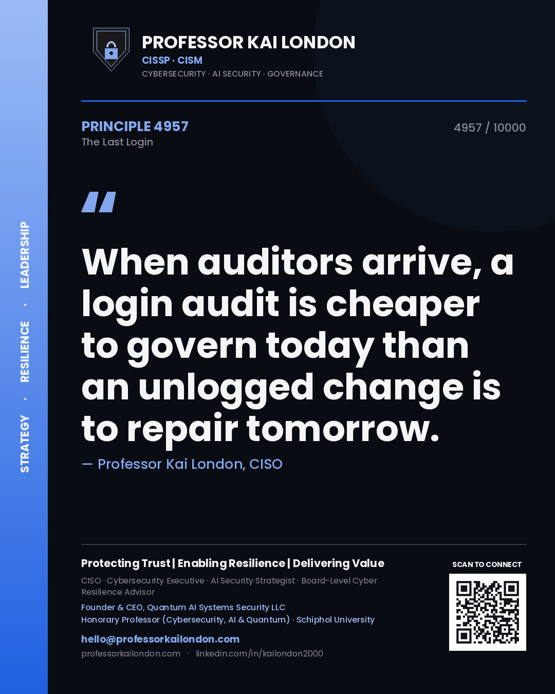 Professor Kai London principle 4957: When auditors arrive, a login audit is cheaper to govern today than an unlogged change is to repair tomorrow.