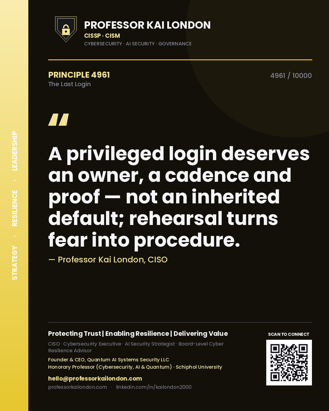 Quote card by Professor Kai London reading 'A privileged login deserves an owner, a cadence and proof — not an inherited default; rehearsal turns fear into procedure.'. From the book The Last Login.