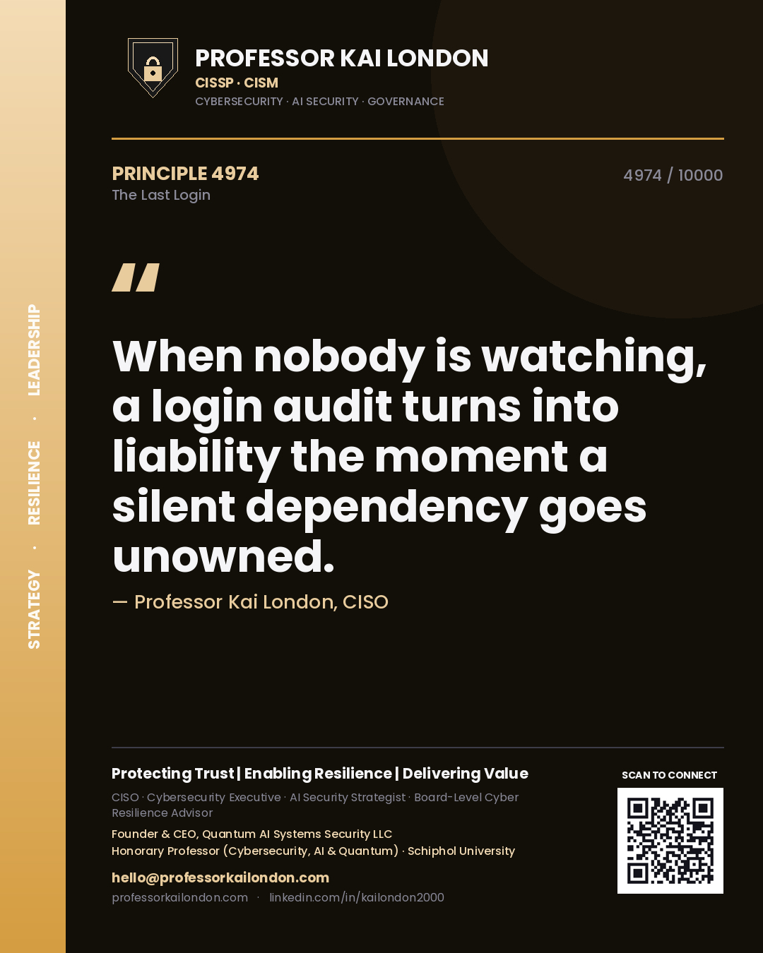 Quote card by Professor Kai London reading 'When nobody is watching, a login audit turns into liability the moment a silent dependency goes unowned.'. From the book The Last Login.