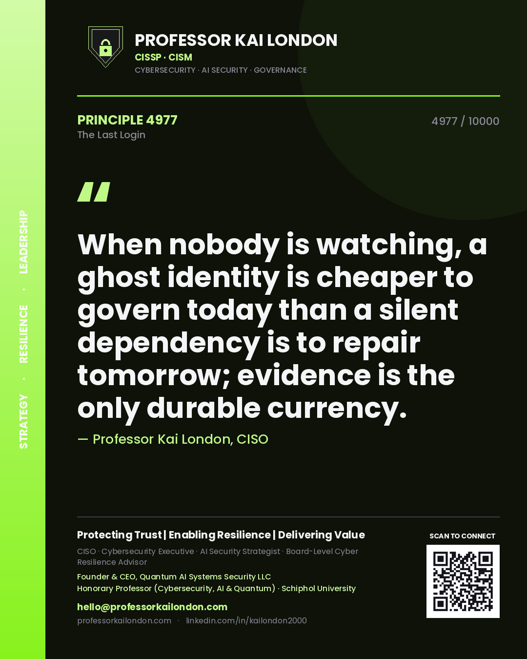 Quote card by Professor Kai London reading 'When nobody is watching, a ghost identity is cheaper to govern today than a silent dependency is to repair tomorrow; evidence is the only durable currency.'. From the book The Last Login.