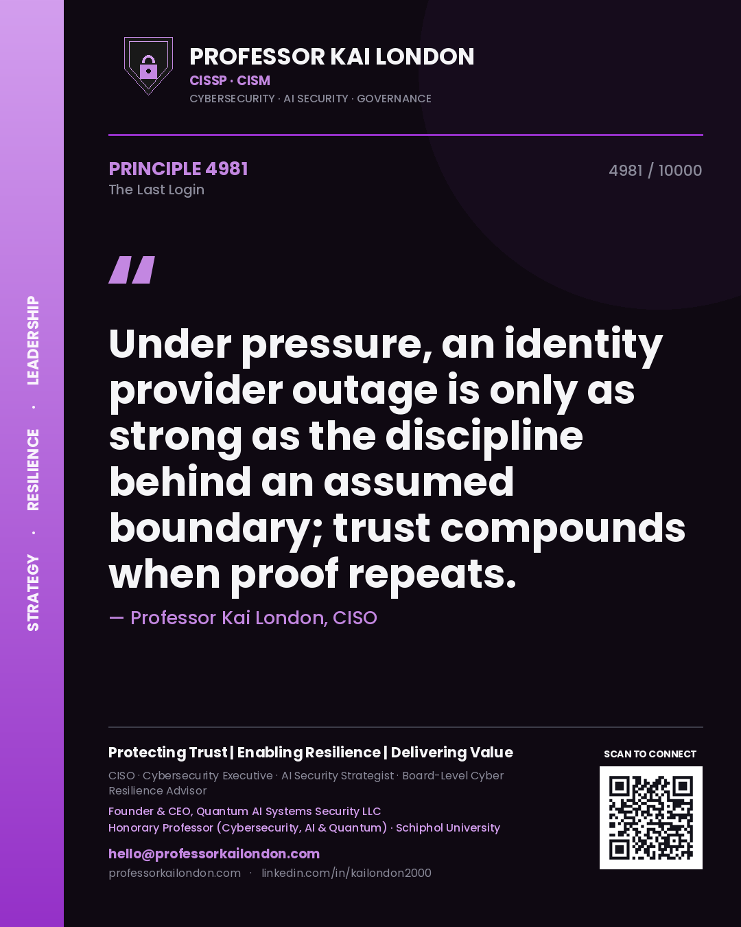 Quote card by Professor Kai London reading 'Under pressure, an identity provider outage is only as strong as the discipline behind an assumed boundary; trust compounds when proof repeats.'. From the book The Last Login.