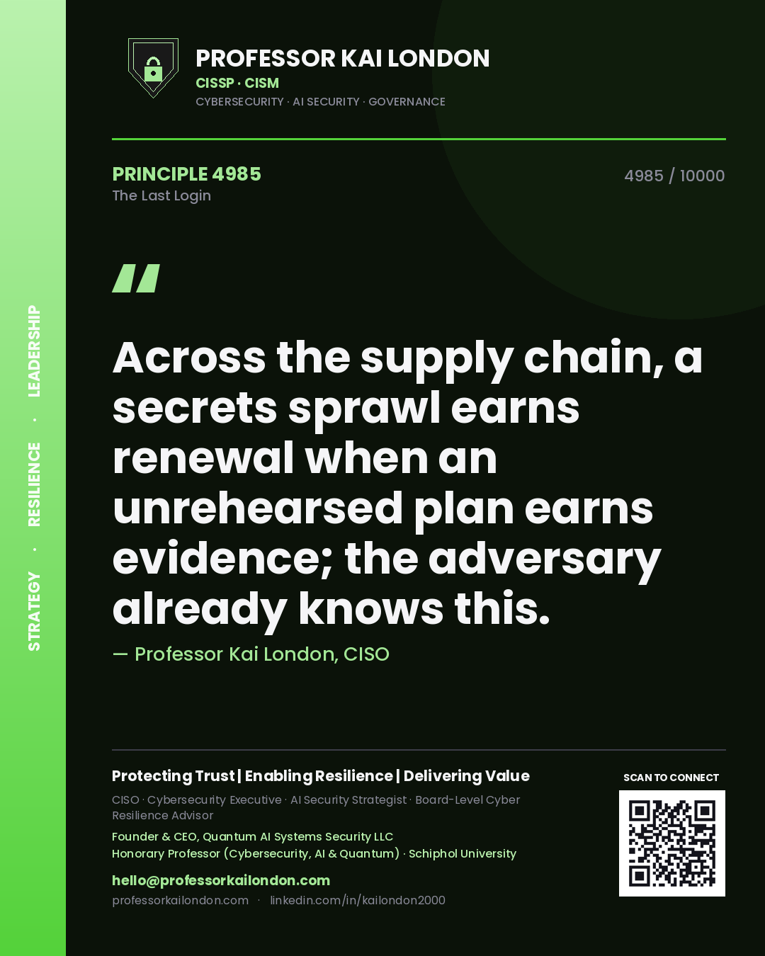 Professor Kai London principle 4985: Across the supply chain, a secrets sprawl earns renewal when an unrehearsed plan earns evidence; the adversary already knows this.