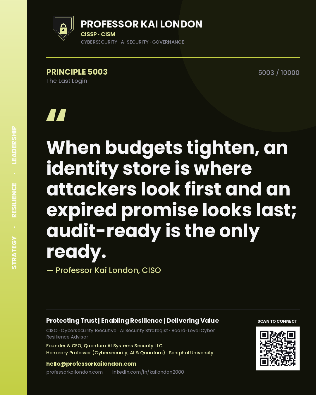 Quote card by Professor Kai London reading 'When budgets tighten, an identity store is where attackers look first and an expired promise looks last; audit-ready is the only ready.'. From the book The Last Login.