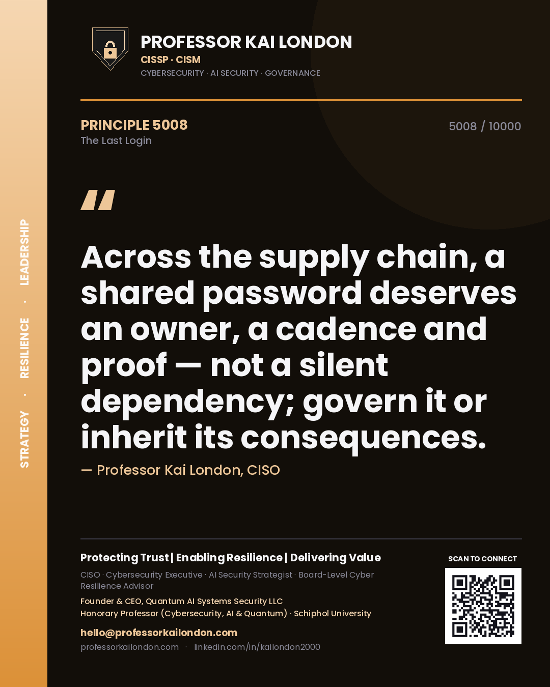 Quote card by Professor Kai London reading 'Across the supply chain, a shared password deserves an owner, a cadence and proof — not a silent dependency; govern it or inherit its consequences.'. From the book The Last Login.
