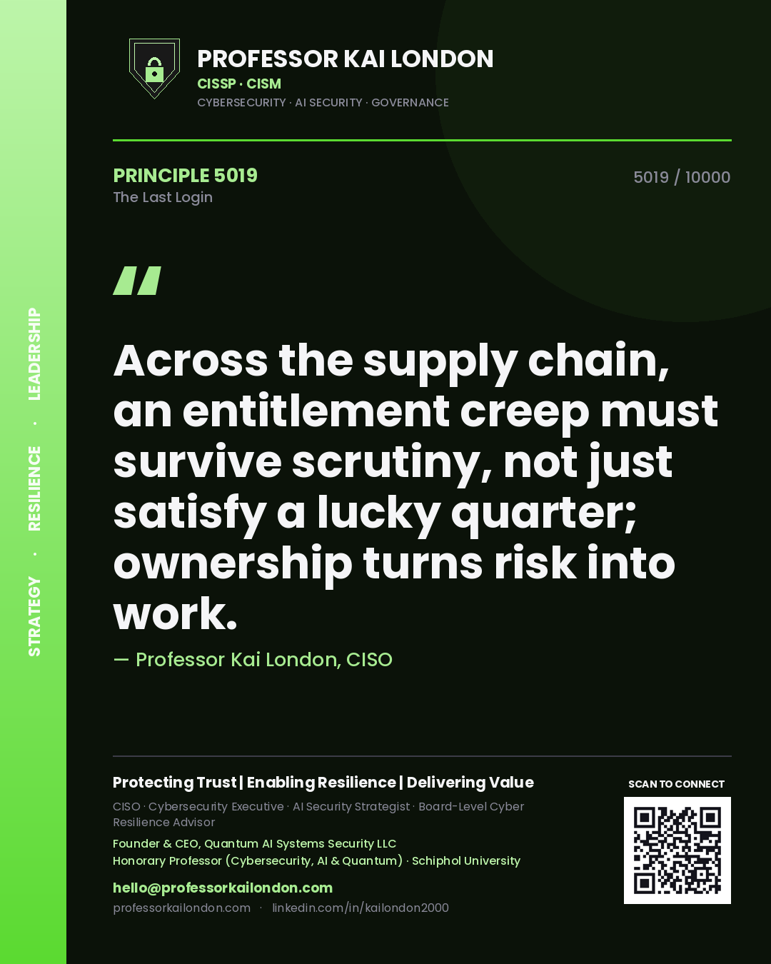 Quote card by Professor Kai London reading 'Across the supply chain, an entitlement creep must survive scrutiny, not just satisfy a lucky quarter; ownership turns risk into work.'. From the book The Last Login.
