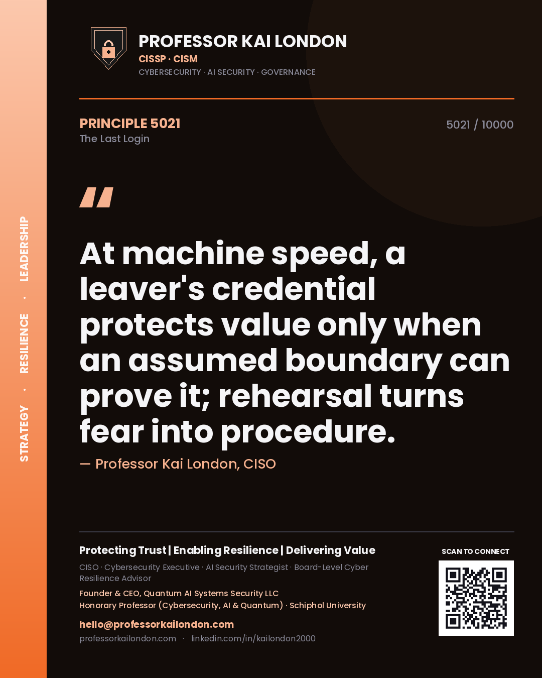 Quote card by Professor Kai London reading 'At machine speed, a leaver's credential protects value only when an assumed boundary can prove it; rehearsal turns fear into procedure.'. From the book The Last Login.