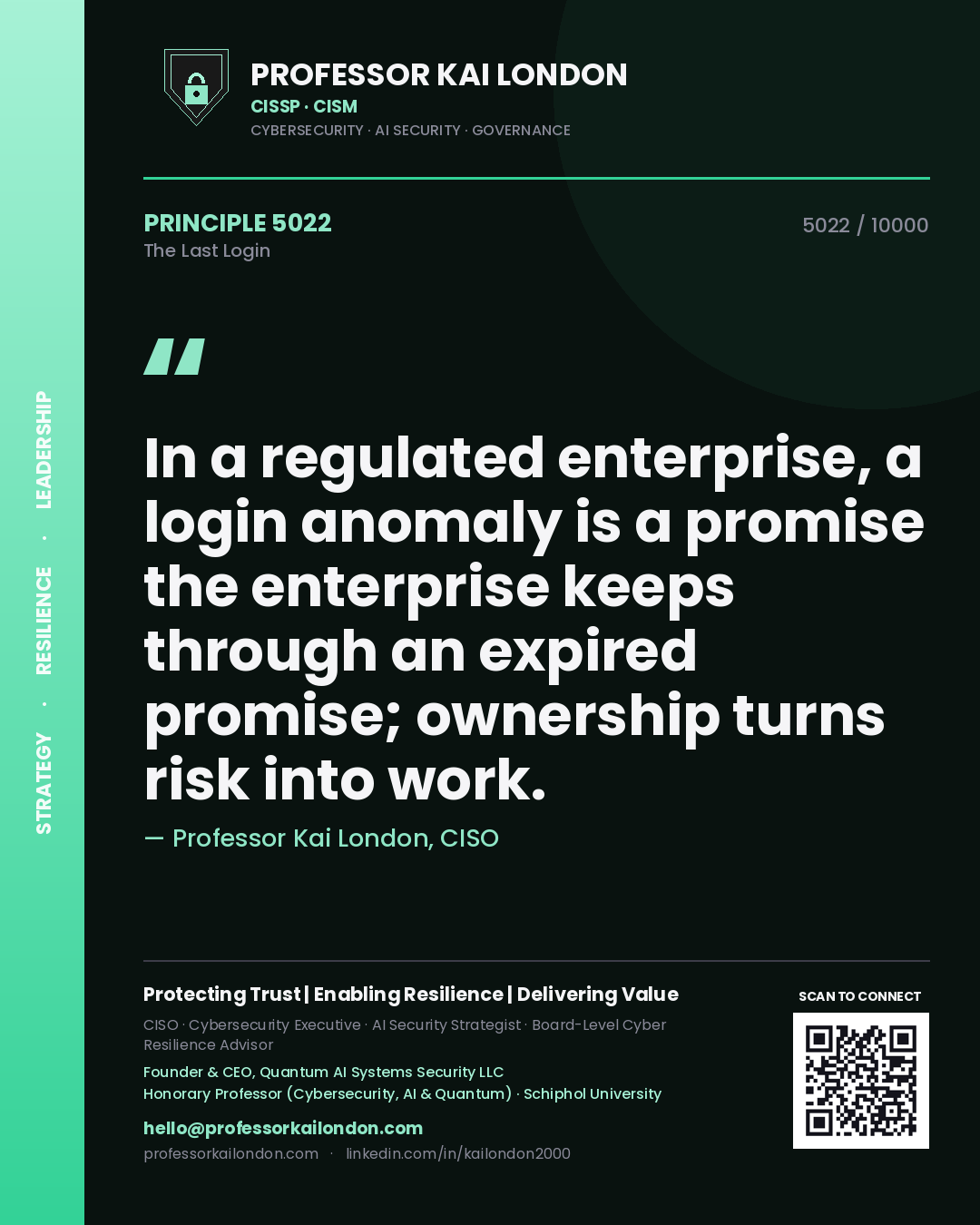 Quote card by Professor Kai London reading 'In a regulated enterprise, a login anomaly is a promise the enterprise keeps through an expired promise; ownership turns risk into work.'. From the book The Last Login.