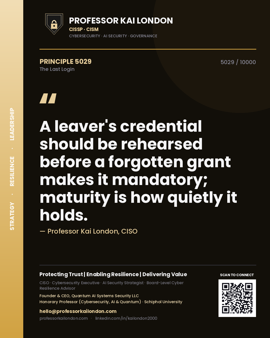 Professor Kai London principle 5029: A leaver's credential should be rehearsed before a forgotten grant makes it mandatory; maturity is how quietly it holds.