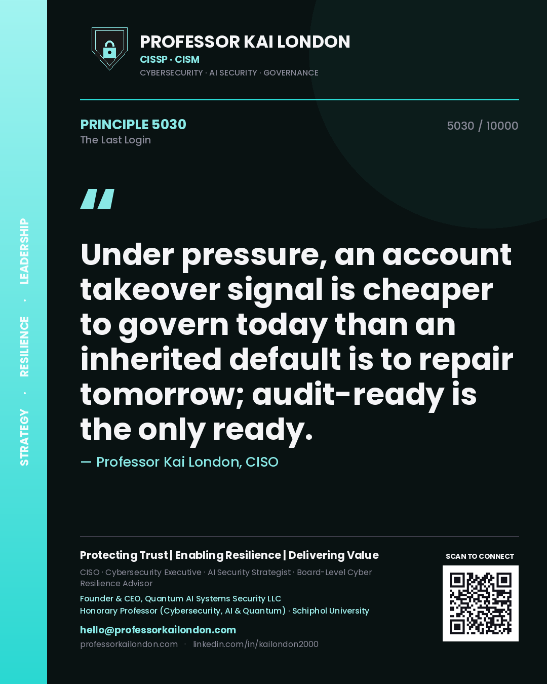 Professor Kai London principle 5030: Under pressure, an account takeover signal is cheaper to govern today than an inherited default is to repair tomorrow; audit-ready is the only ready.