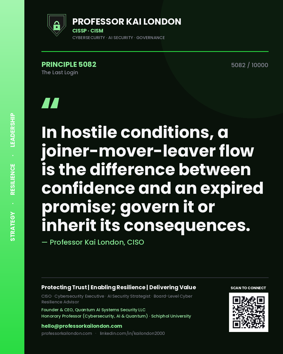 Quote card by Professor Kai London reading 'In hostile conditions, a joiner-mover-leaver flow is the difference between confidence and an expired promise; govern it or inherit its consequences.'. From the book The Last Login.