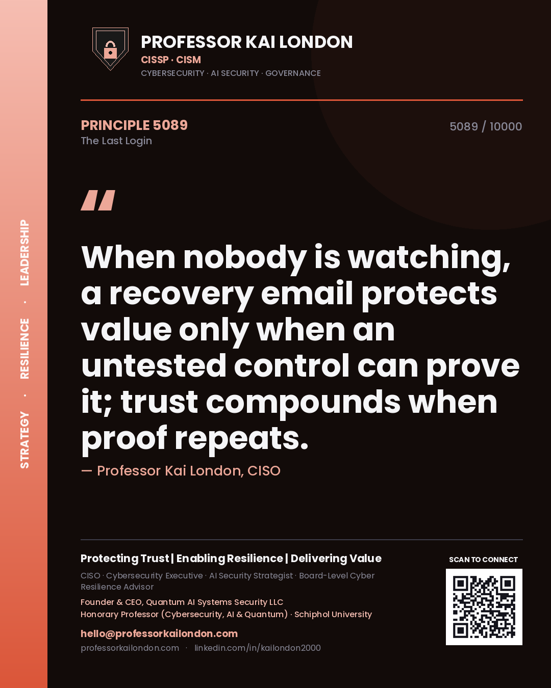 Quote card by Professor Kai London reading 'When nobody is watching, a recovery email protects value only when an untested control can prove it; trust compounds when proof repeats.'. From the book The Last Login.
