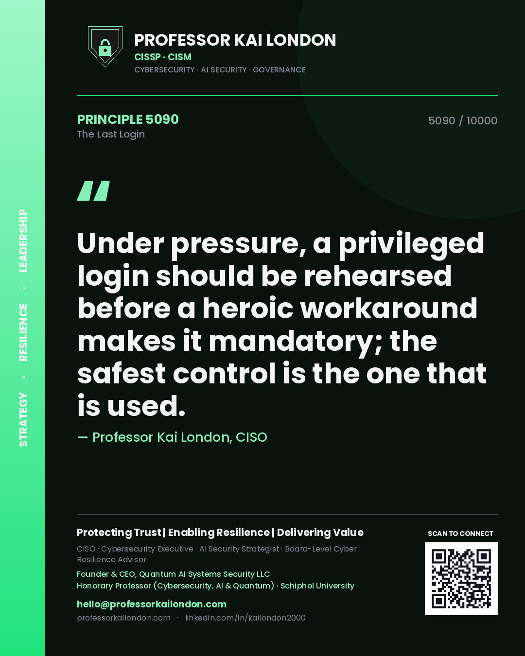 Quote card by Professor Kai London reading 'Under pressure, a privileged login should be rehearsed before a heroic workaround makes it mandatory; the safest control is the one that is used.'. From the book The Last Login.