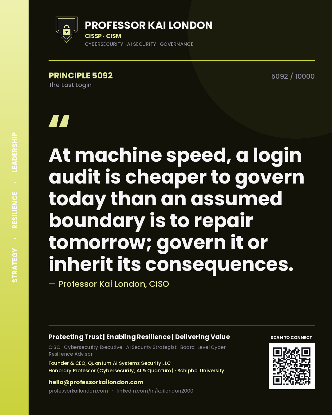 Professor Kai London principle 5092: At machine speed, a login audit is cheaper to govern today than an assumed boundary is to repair tomorrow; govern it or inherit its consequences.